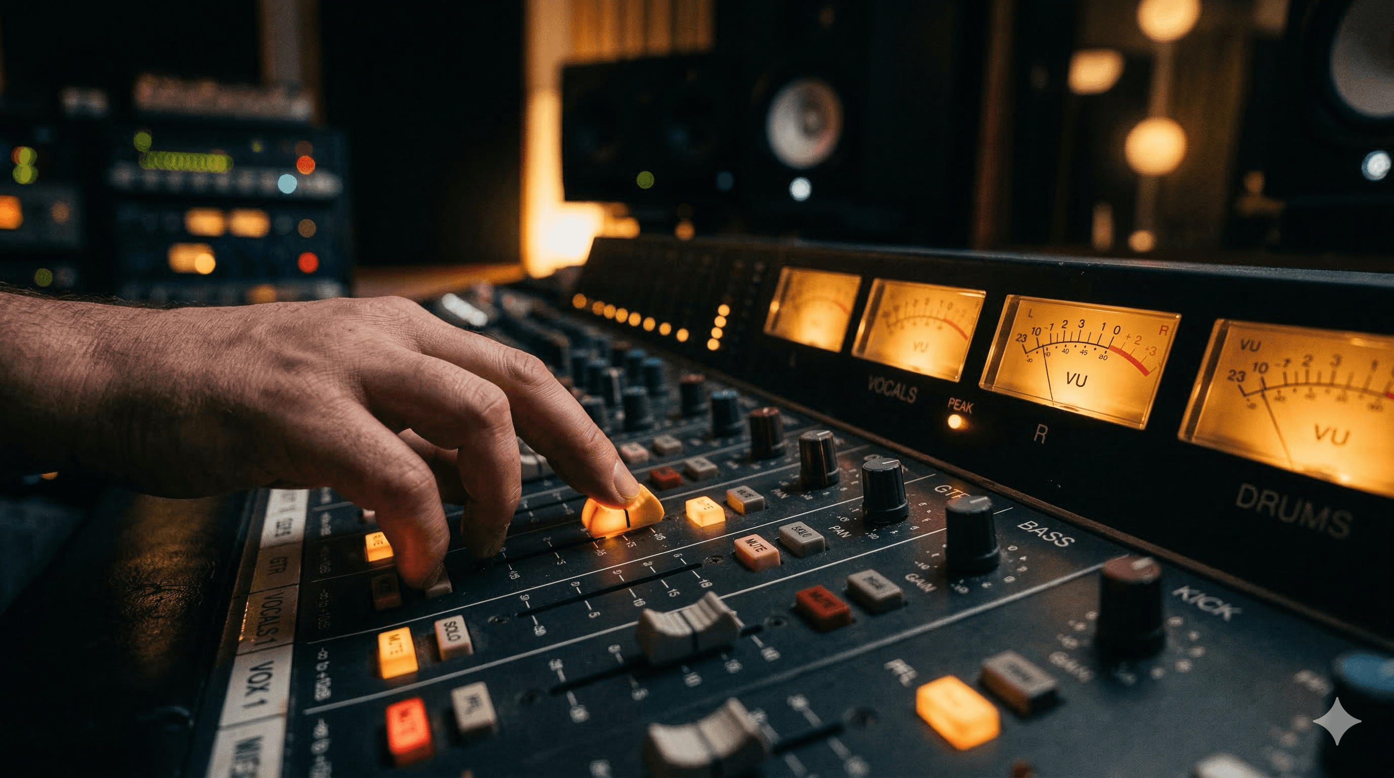 Mixing studio with console and monitors